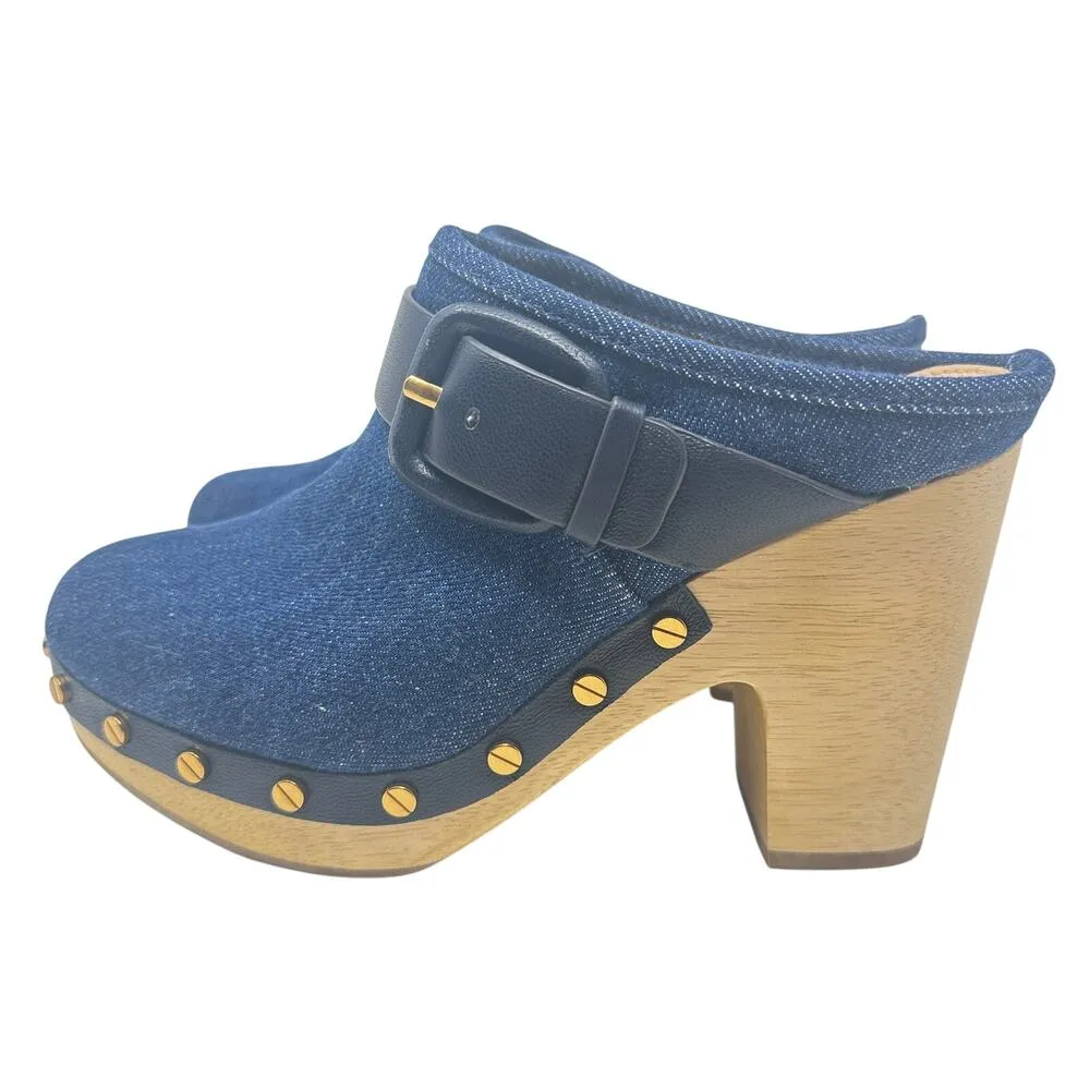 Veronica Beard Dacey Denim Clogs Heels Studded Buckle Wood Blue Size 6‎ - Image 7