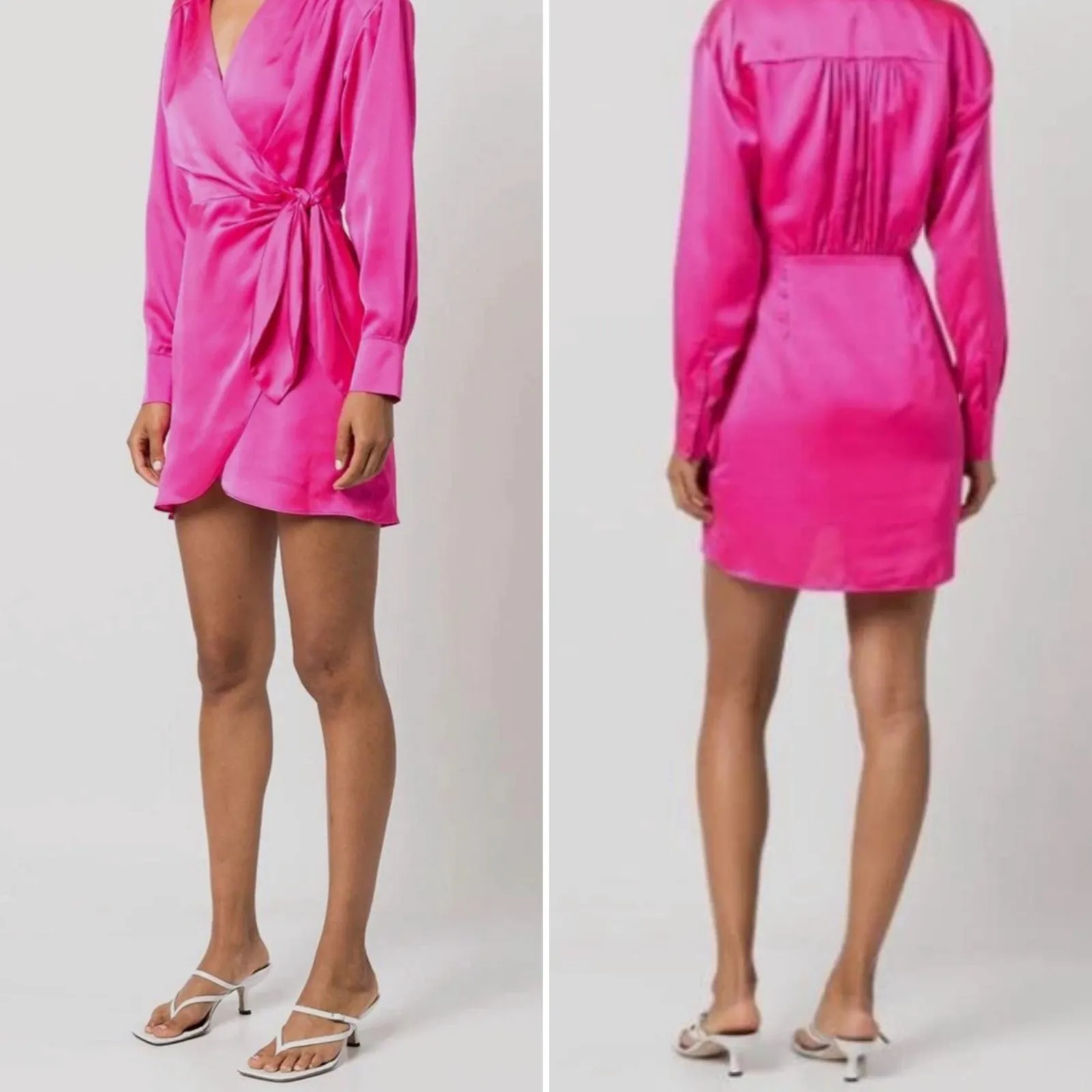 Milly Jordan Long Sleeve Satin Faux Wrap Dress Shirtdress Long Sleeve Small Pink - Image 2