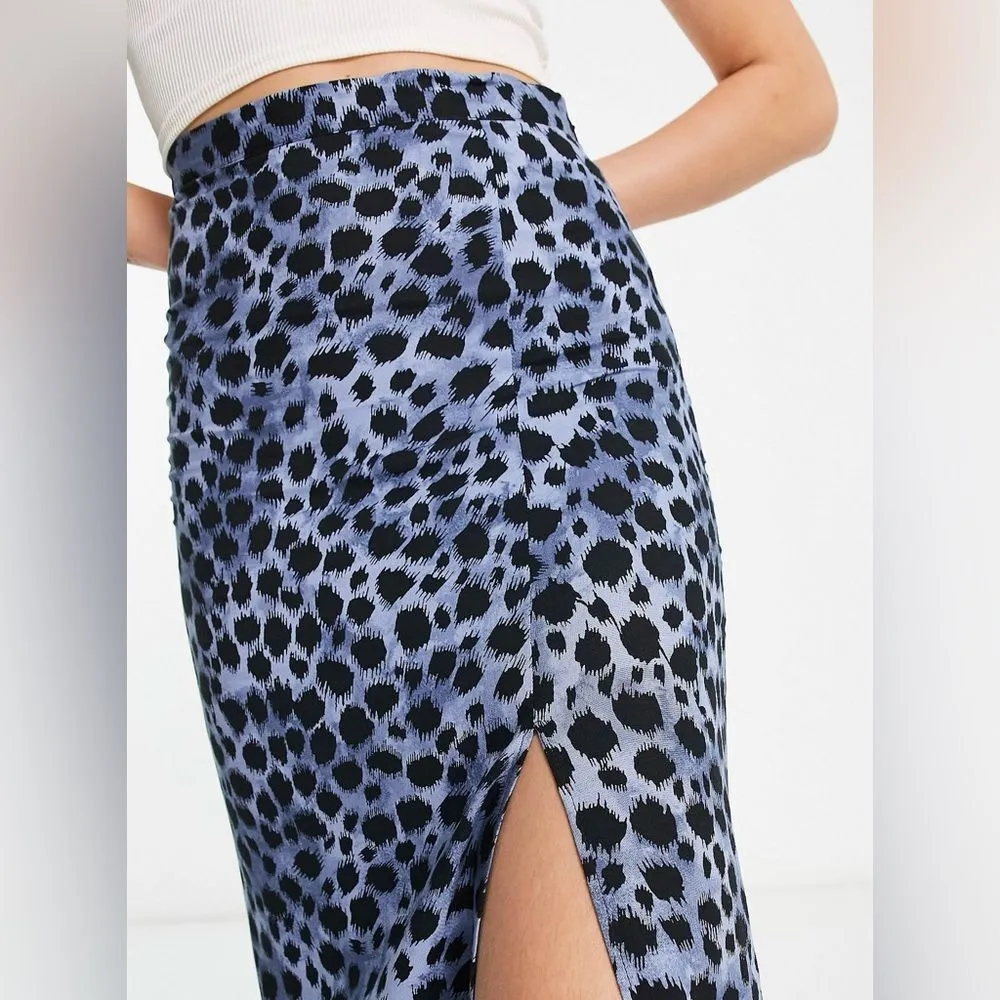 ASOS DESIGN Slip Skirt with Thigh Split Blue Leopard Print - Image 3