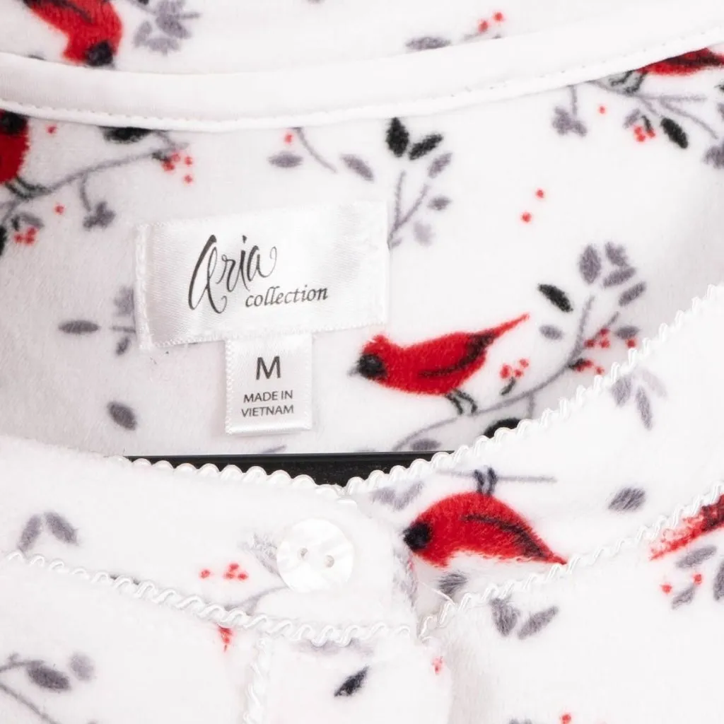 Aria Collection Fleece Cardinal Nightgown M Womens Long Sleeve White Red Winter - Image 4