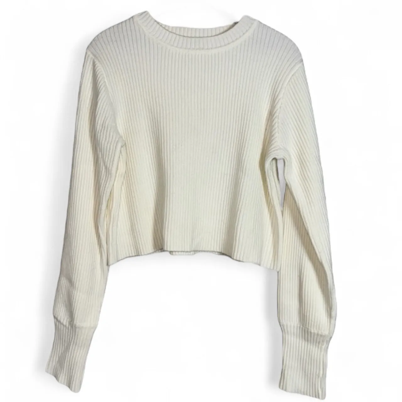 Lulus Cream Ribbed Knit Long‎ Sleeve Cropped Pullover Sweater  Size L - Image 3