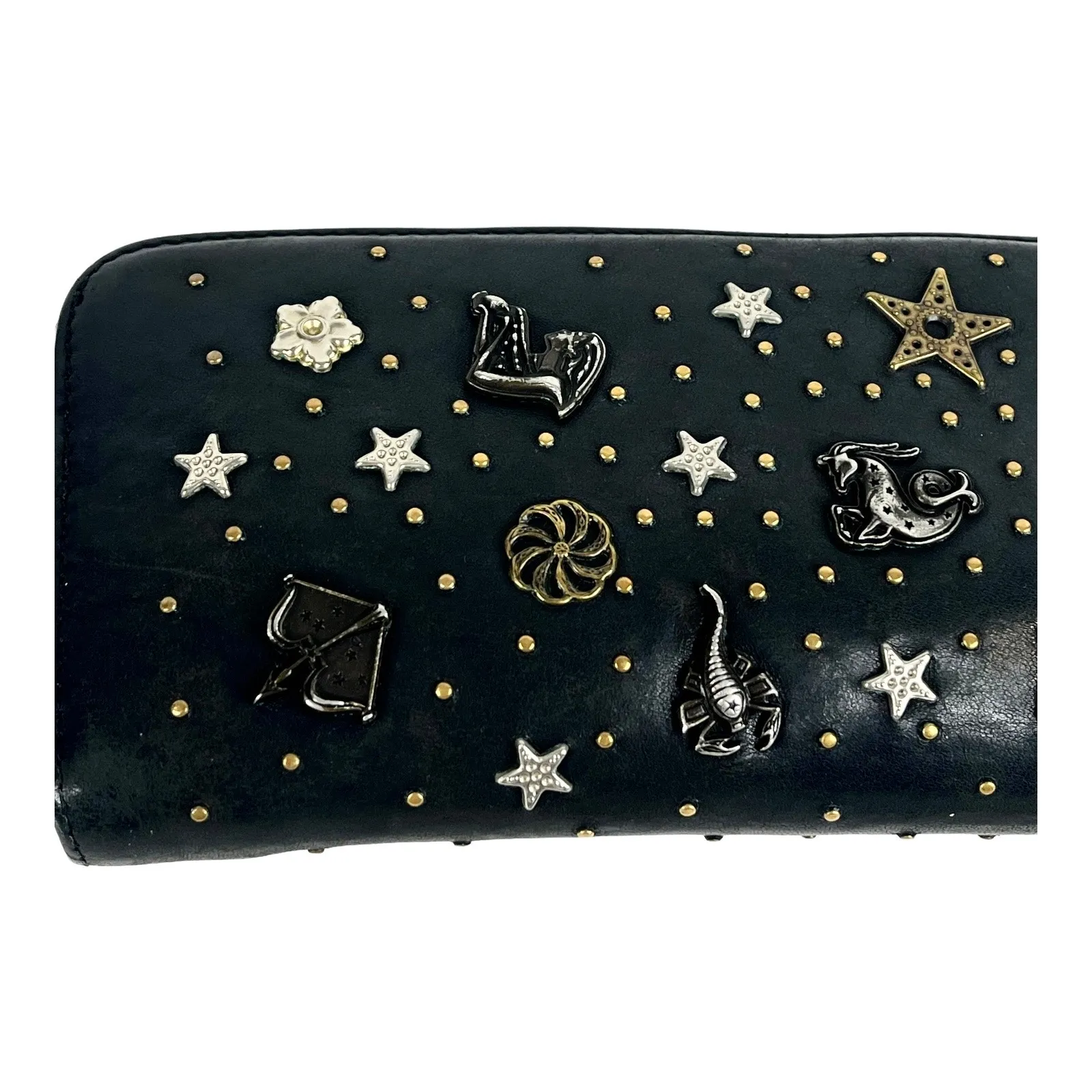 Jimmy Choo Long Wallet Zodiac Studded Zip Black Leather Clutch Purse Authentic - Image 9