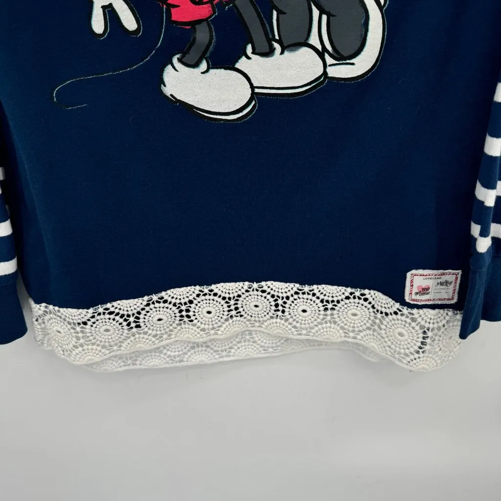 Disney‎ Parks Mickey & Minnie Hoodie With Lace Hem & Striped Sleeves Size LG White - Image 5