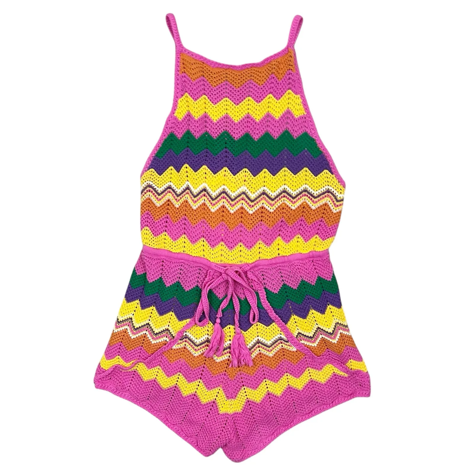 SPELL Ziggy Sleeveless Crochet Romper in Sorbet Stripes Size XL Pink - Image 3