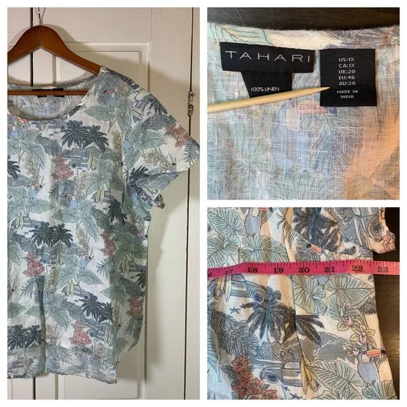 Linen Top Women's 1X Hawaiian Tropical Surf Palm Trees Cars Toucan Parrot - Image 3