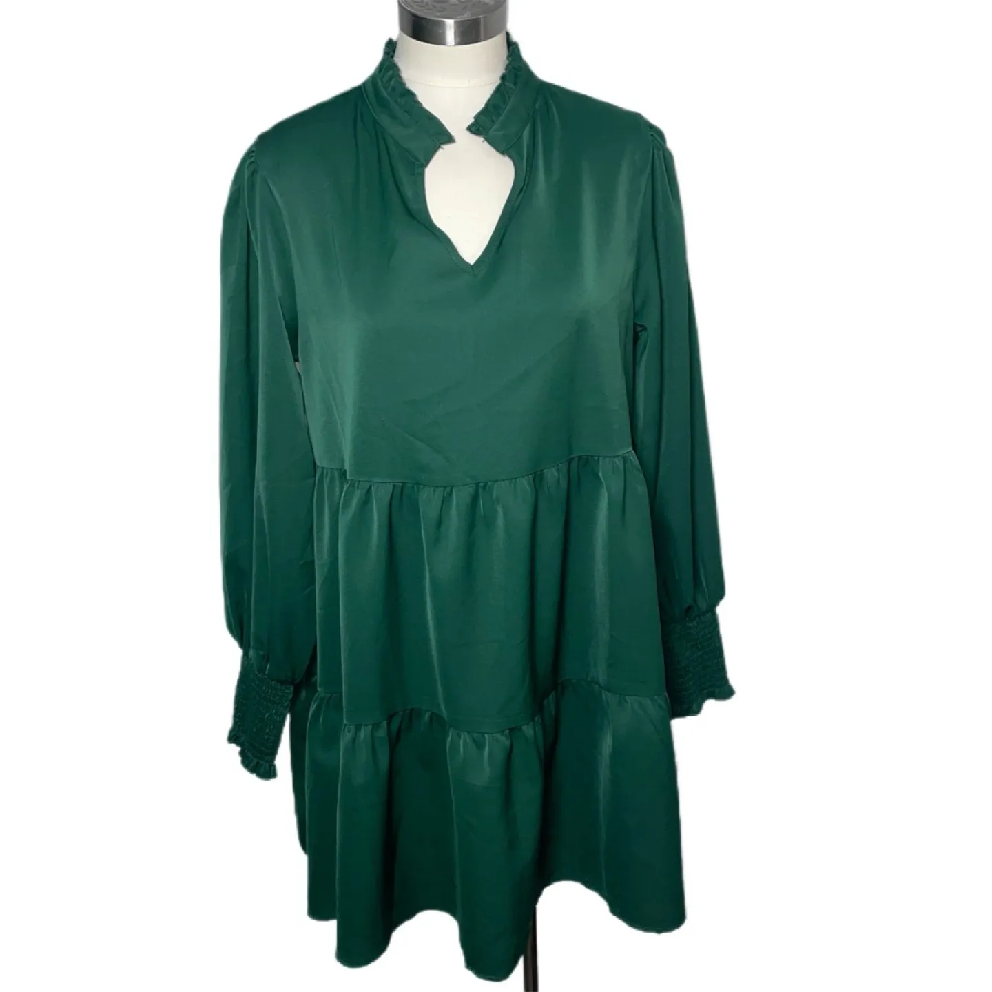 Emerald Green Tiered Long Sleeve Mini Dress Ruffle Neck‎ Smocked Cuffs L Size L - Image 2