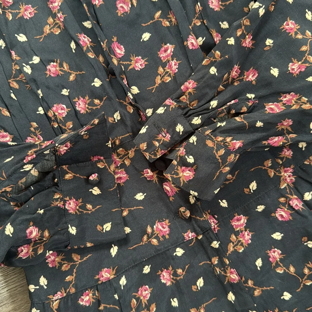Vintage Black Floral Dress with Lace Detail Button Down Midi Size 8 - Image 6