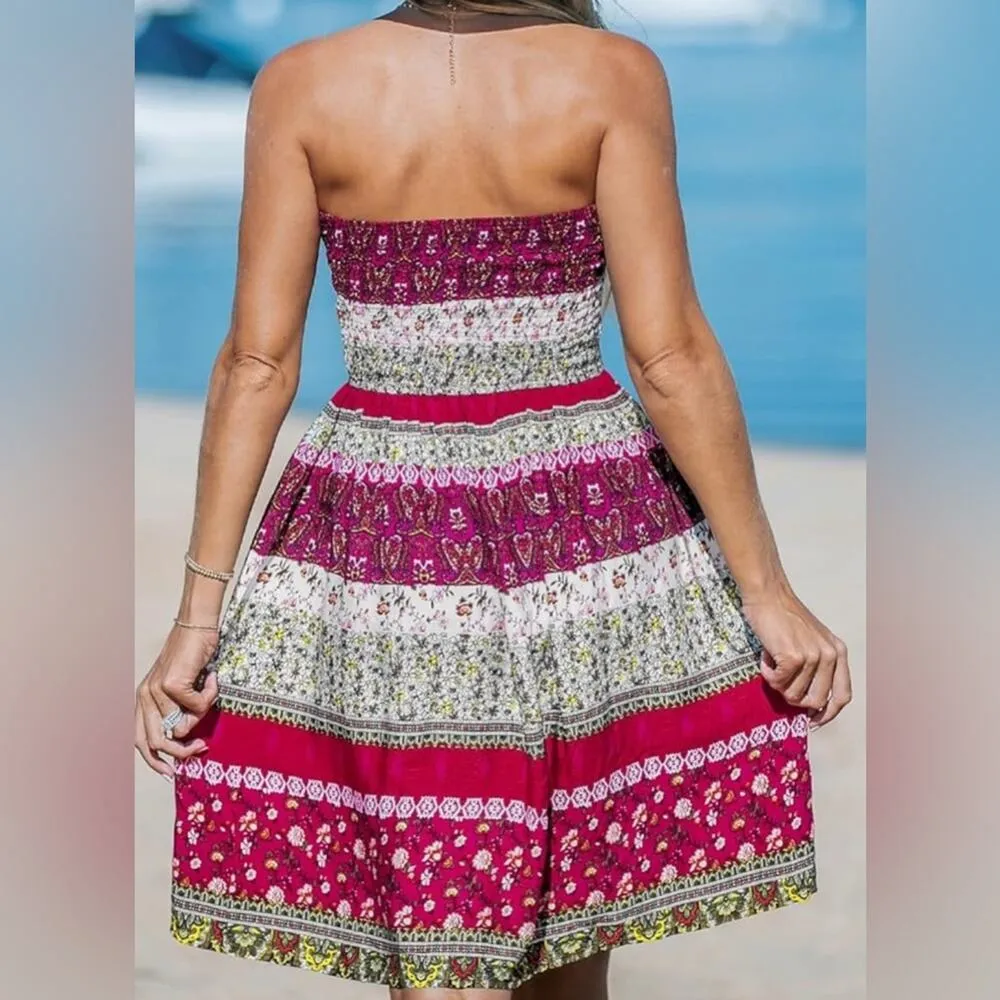 Women's Cupshe Red & Pink Floral Print Smocked Tube Dress Small - Image 3