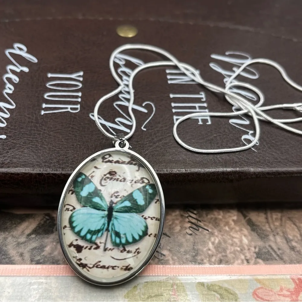 Blue Butterfly Art Pendant Necklace Stainless Steel Chain 20” Boho Jewelry - Image 7
