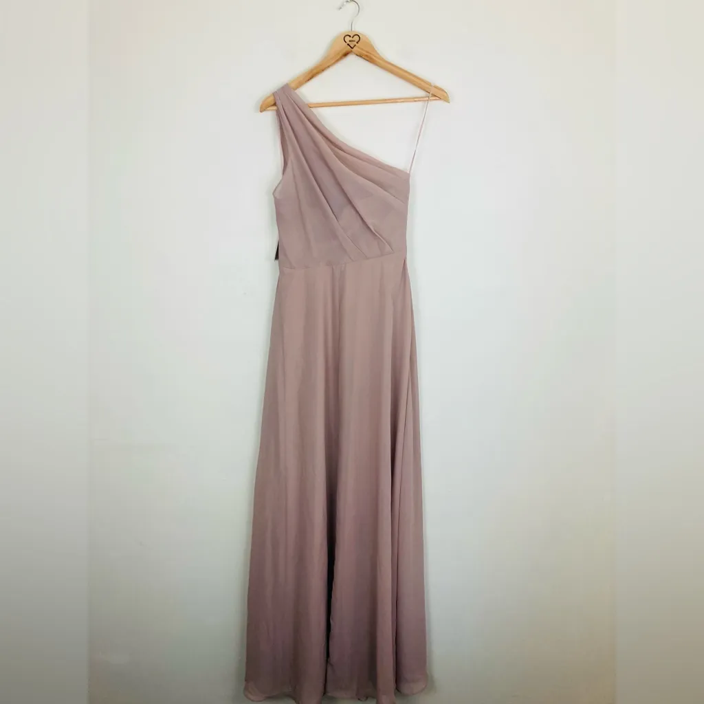 Birdy Grey “Kira” one shoulder dress in taupe chiffon. Maxi length. NWT. Small - Image 5