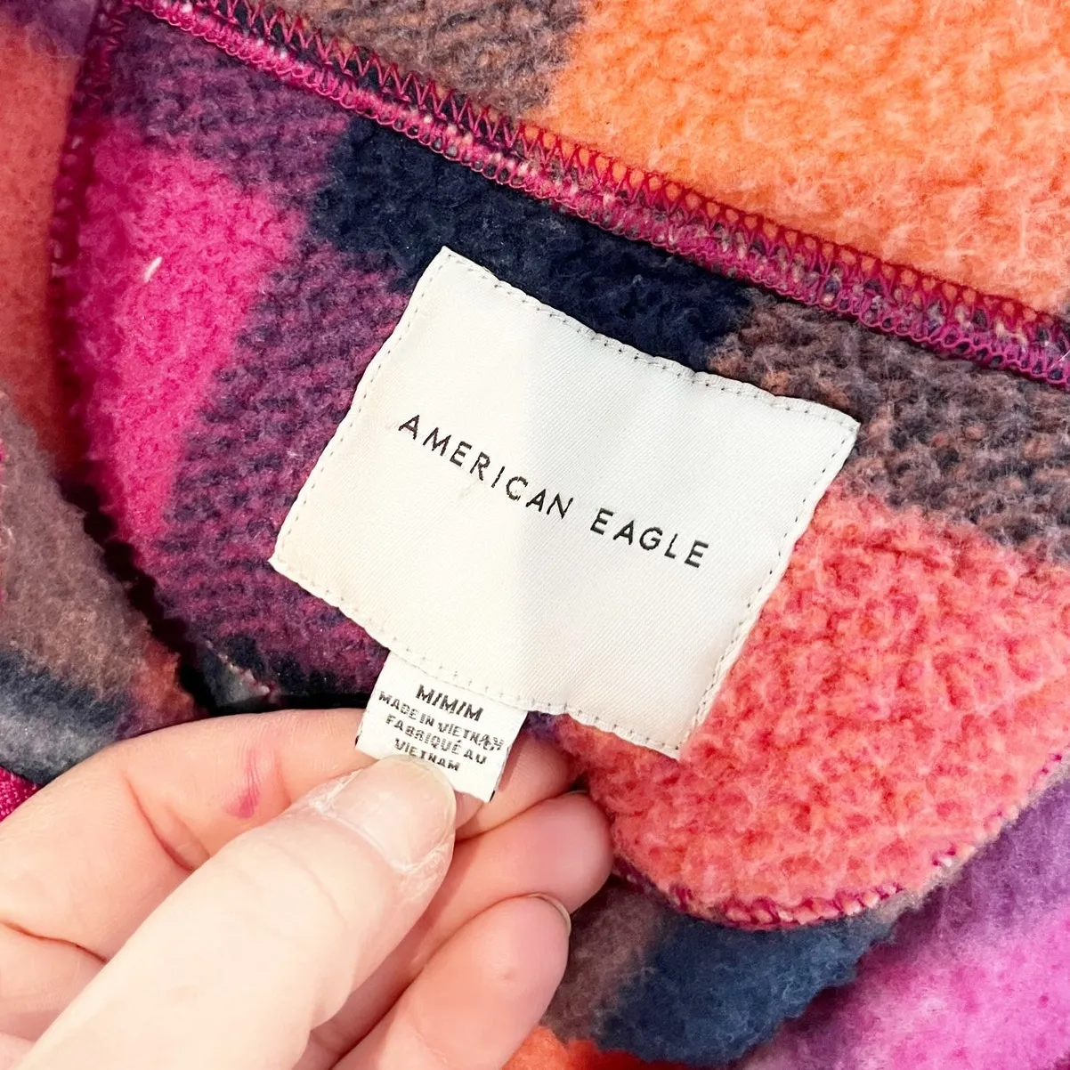 American Eagle 1/4 Zip Sherpa Fleece Pullover Plaid Jacket Pink Orange Medium - Image 2