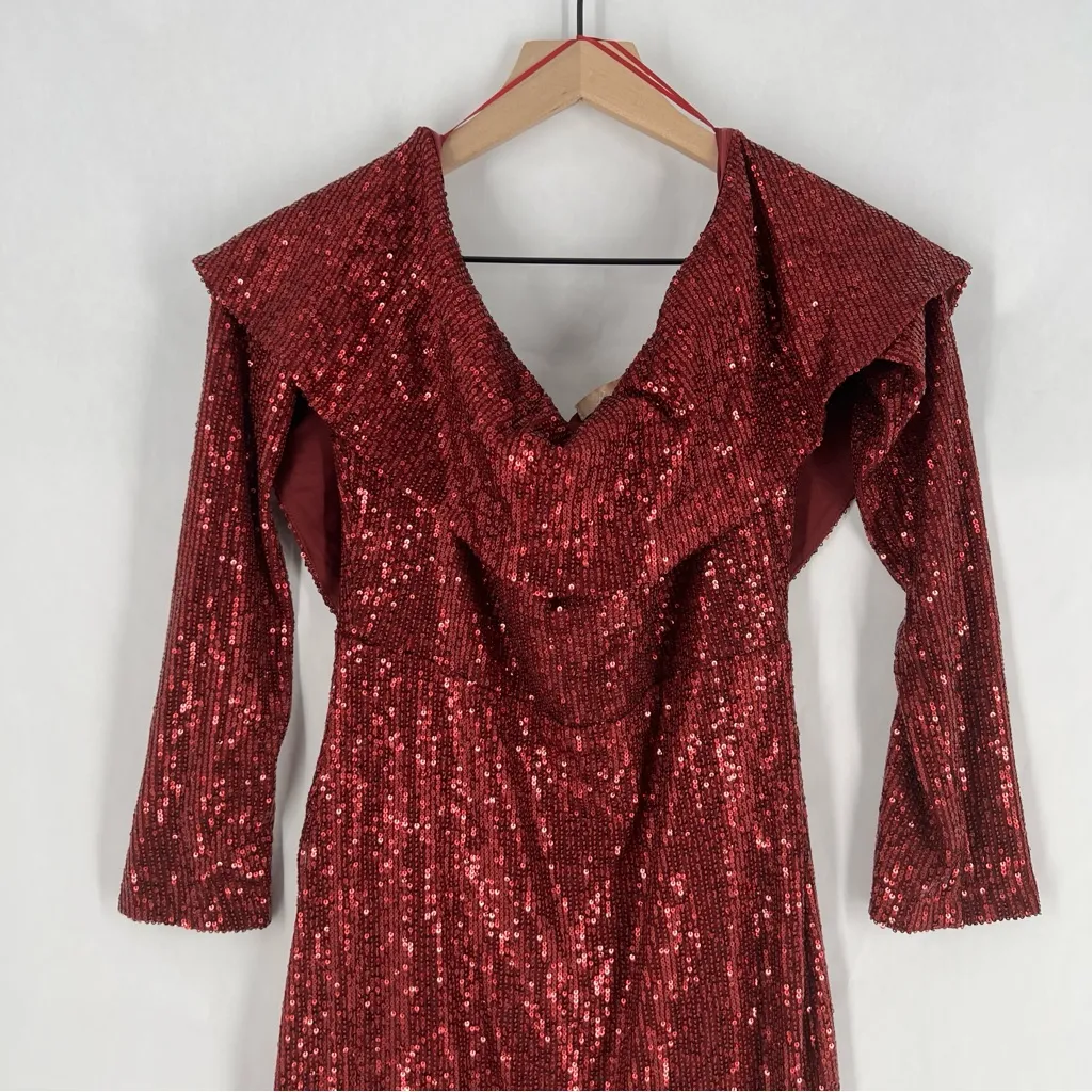 Baltic Born Ricarica Red Sequin Off The‎ Shoulder Long Sleeve Midi Dress Size L - Image 4