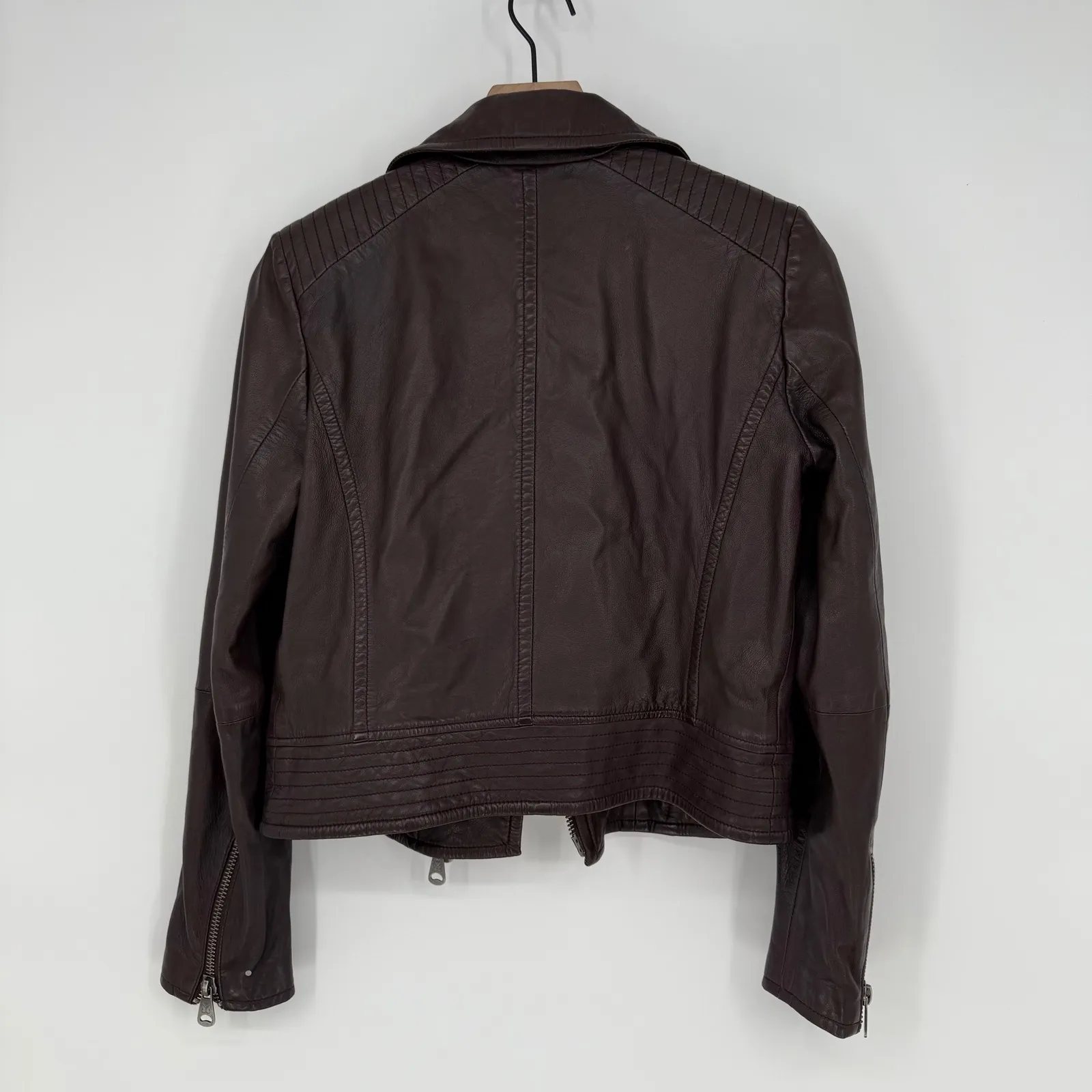 Weekend Max Mara Womens Leather Moto Jacket Burgundy Asymmetrical Zip Moto Style Brown Size 6 - Image 11