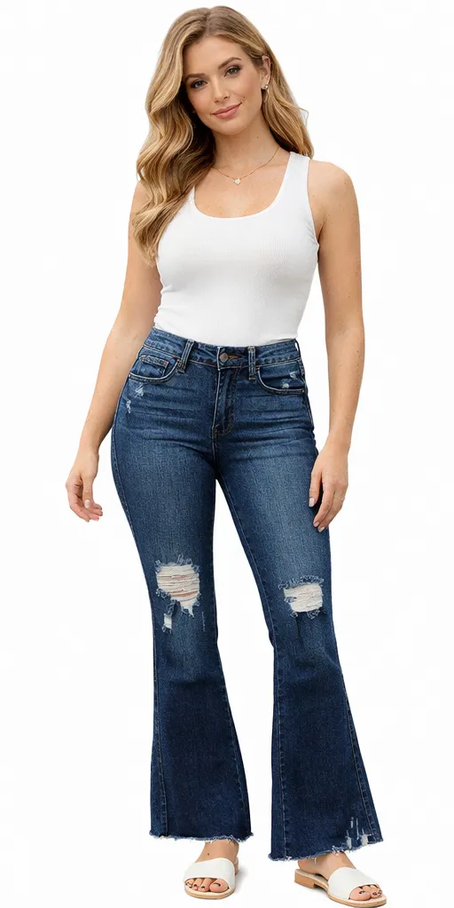 Judy Blue Womens Jeans Size 3/26 Blue High Rise Flare Distressed Boho Festival - Image 1