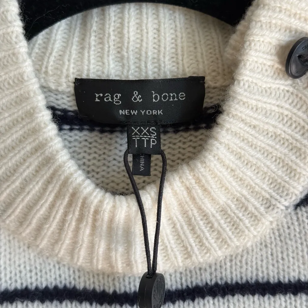 NWT 100% Wool Rag & Bone Sam White/Navy Striped Pullover, Sz XXS - Image 2