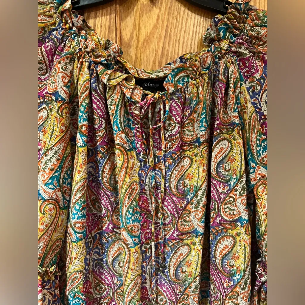 Tolani Silk Ruffled Split V-Neck w/ Ties & 3/4 Flutter Sleeves Paisley Blouse XS - Image 2