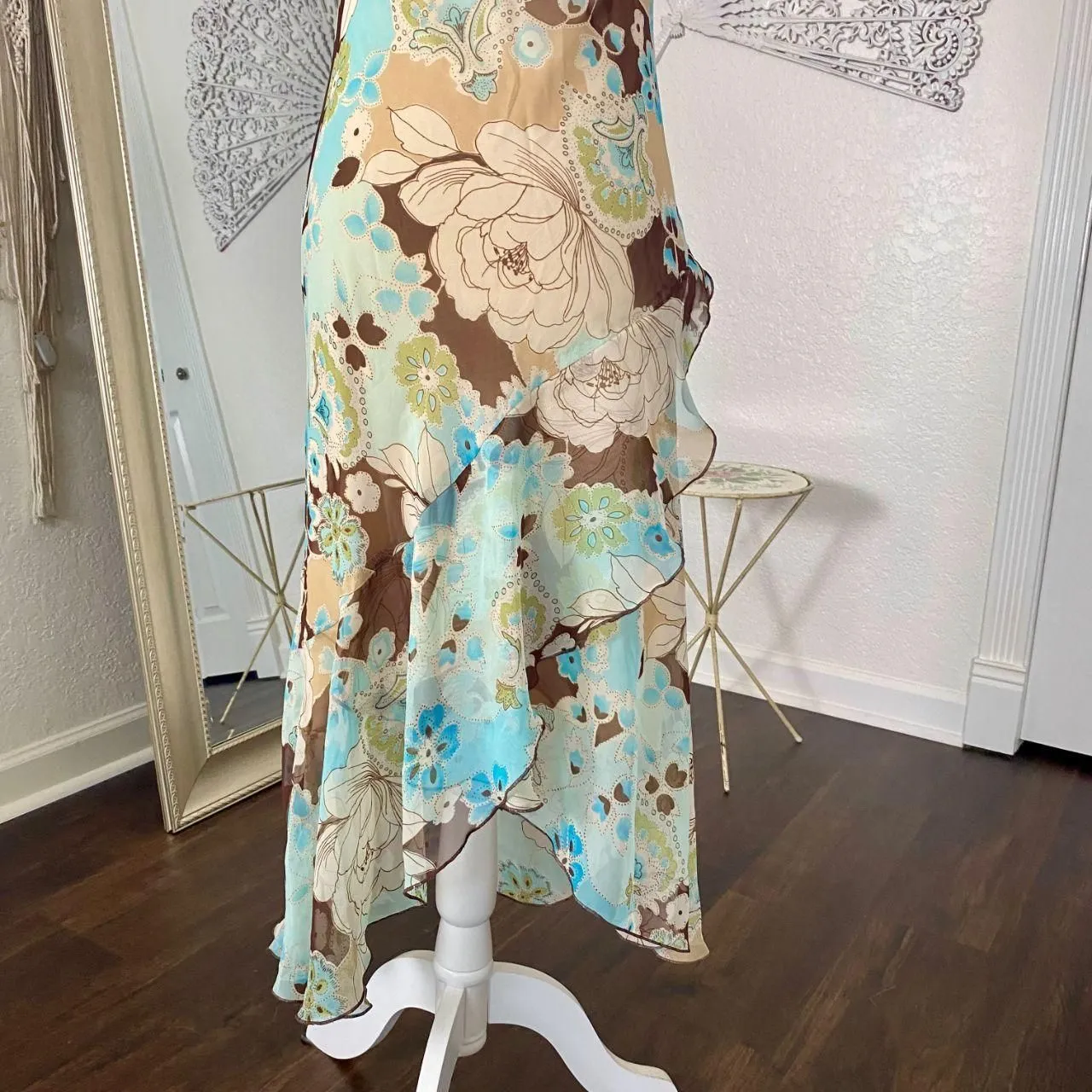 B. Smart Early 2000's Tan Cream Teal Blue Frilly Ruffle Asymmetric Midi Dress S - Image 4