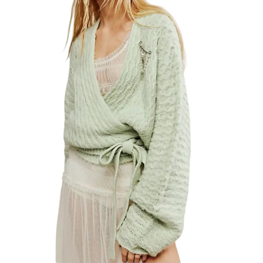 Free People Over You Light Green Mint Cardi Wrap Cardigan Sweater size Large - Image 3