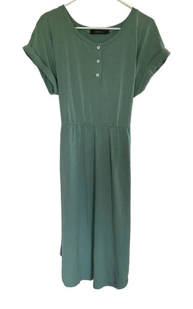 Zesica green cuffed sleeve belted sun dress large Green - Image 1