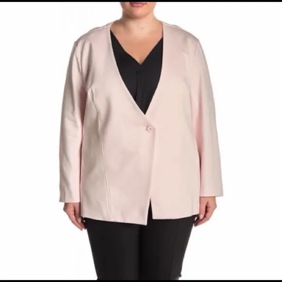 Amanda & Chelsea Blazer Ponte Knit Cutaway Pink 3X Collarless One Button Pastel - Image 2