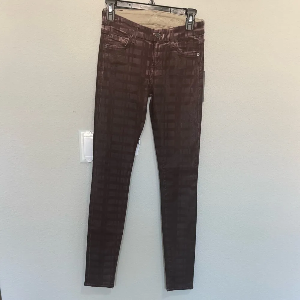 7 For All Mankind 7FAM Burgundy Plaid Laser Wax Coated Skinny Pants Jeans 26 NEW - Image 3