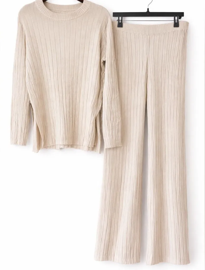Women’s Ribbed Knit Lounge Set — Apricot Neutral — Size L Size L - Image 1