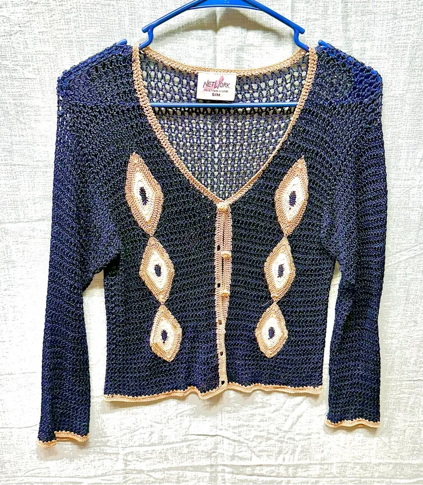 NETWORK Vintage Hand Made Crochet 100% Viscose Navy Blue Tan Cardigan S/M Black Size undefined - Image 1