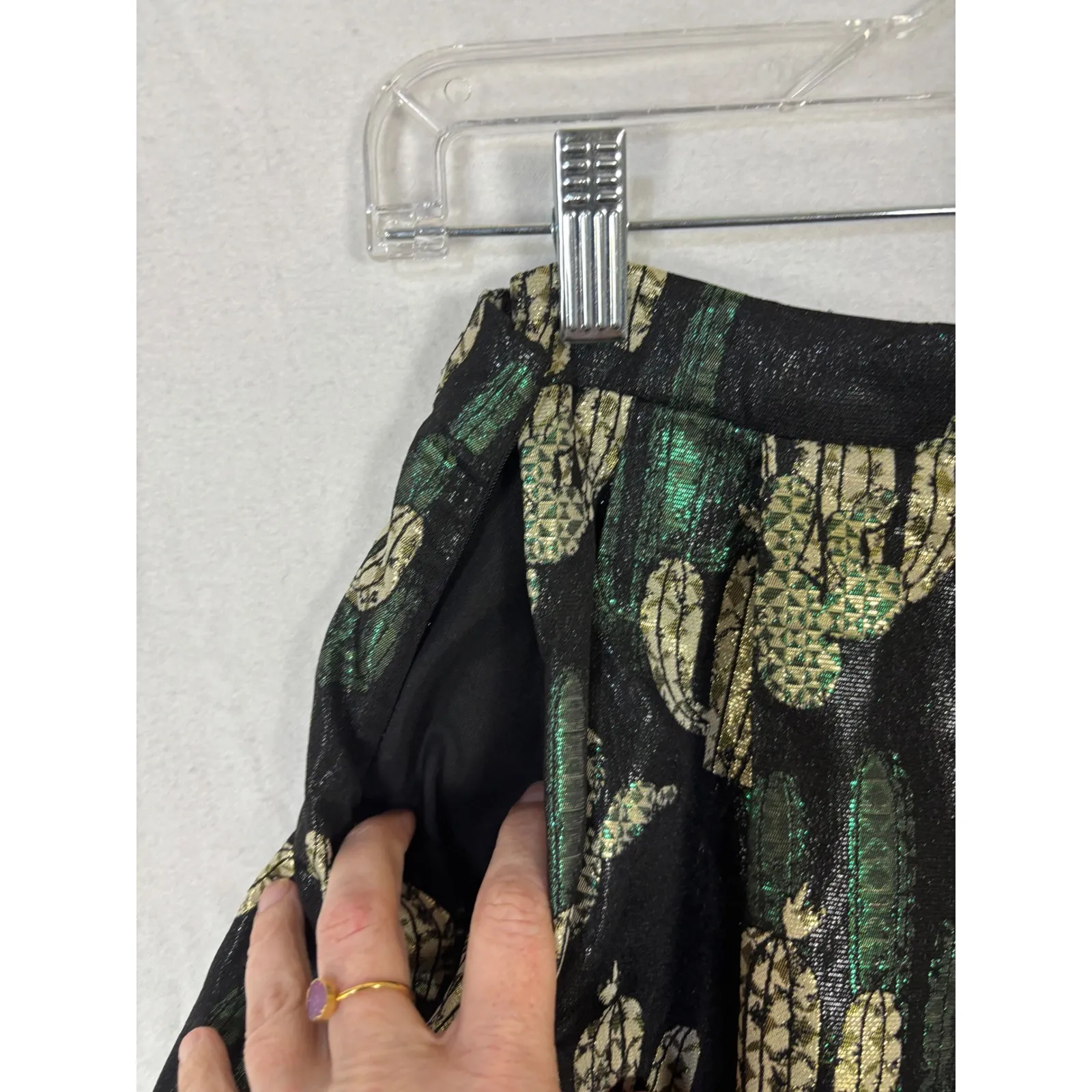 NWT Eva Franco Cactus Print High Low Midi Skirt Metallic Black Green Gold Sz 6 - Image 6