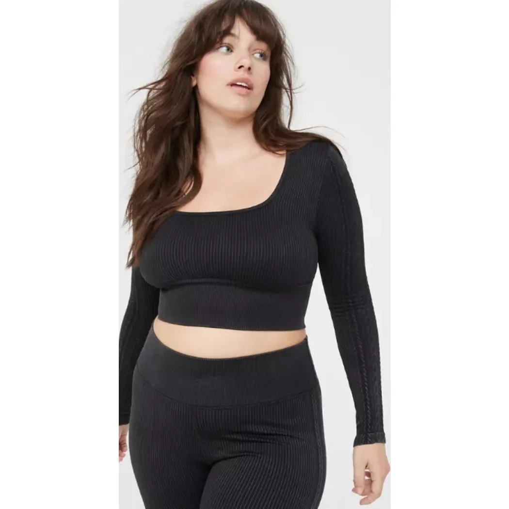 NWT Aerie Lot of 2 - Black Seamless Cable Square Neck Tee & Leggings SET Size M - Image 7