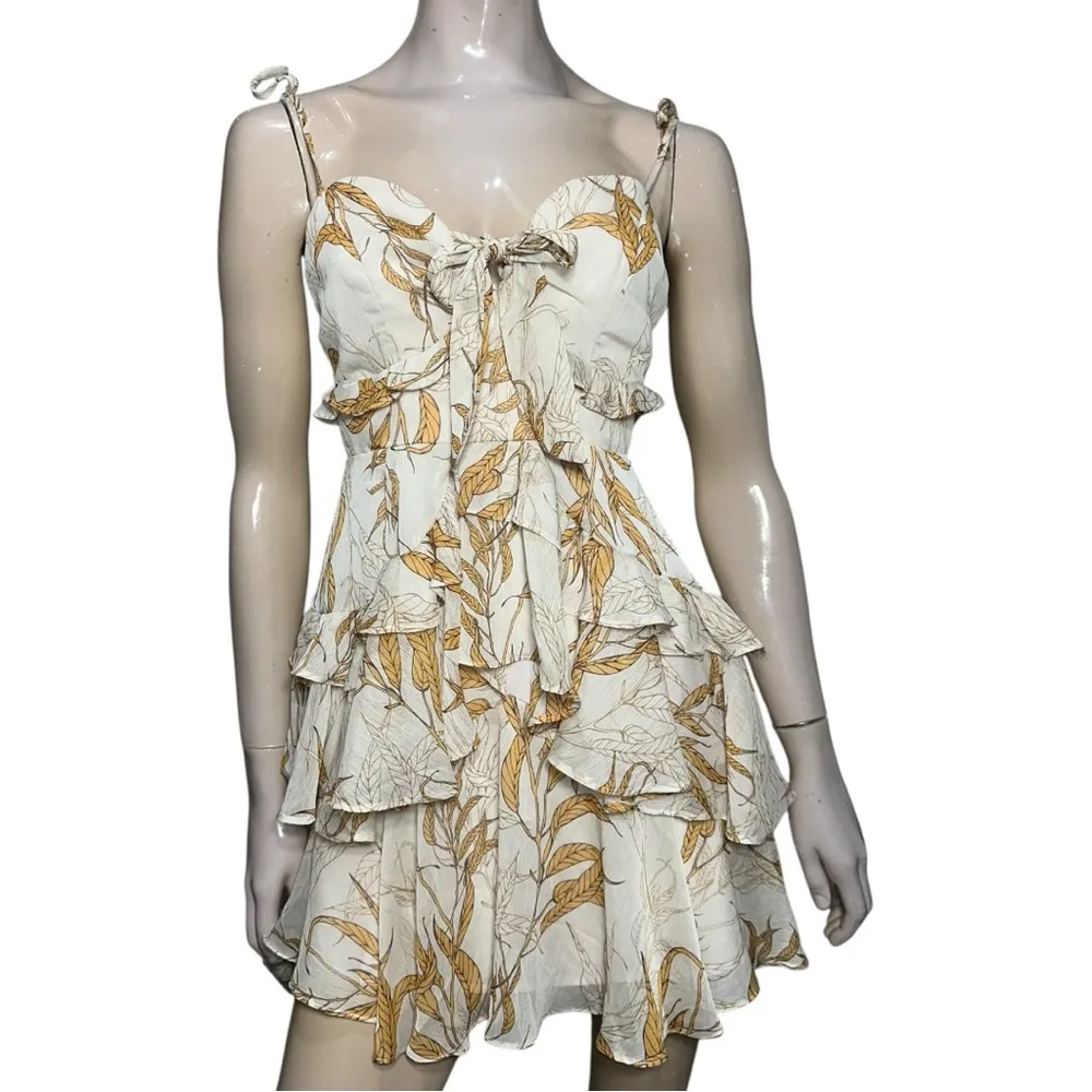 Aladore Womens Size M Tan Beige Floral Print Ruffle Cami Shoulder Tie Mini Dress Size M - Image 4