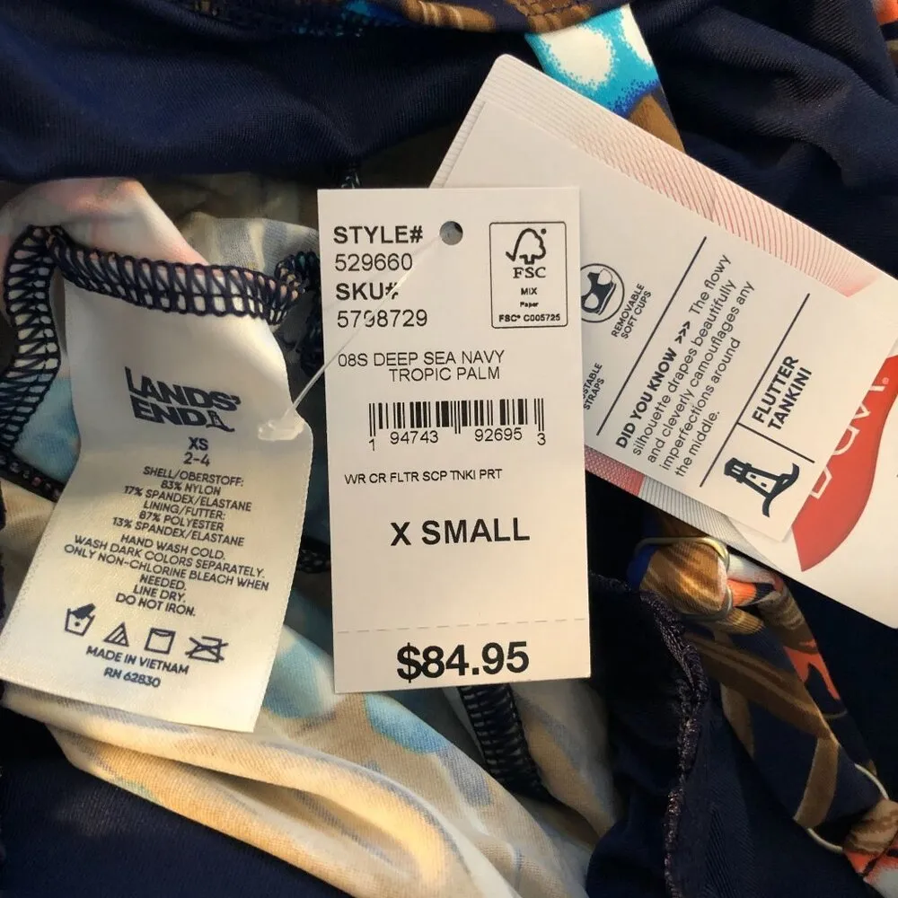 Lands End Womens Flutter Tankini Top Deep Sea Navy Tropic Palm Blue Brown XS - Image 3