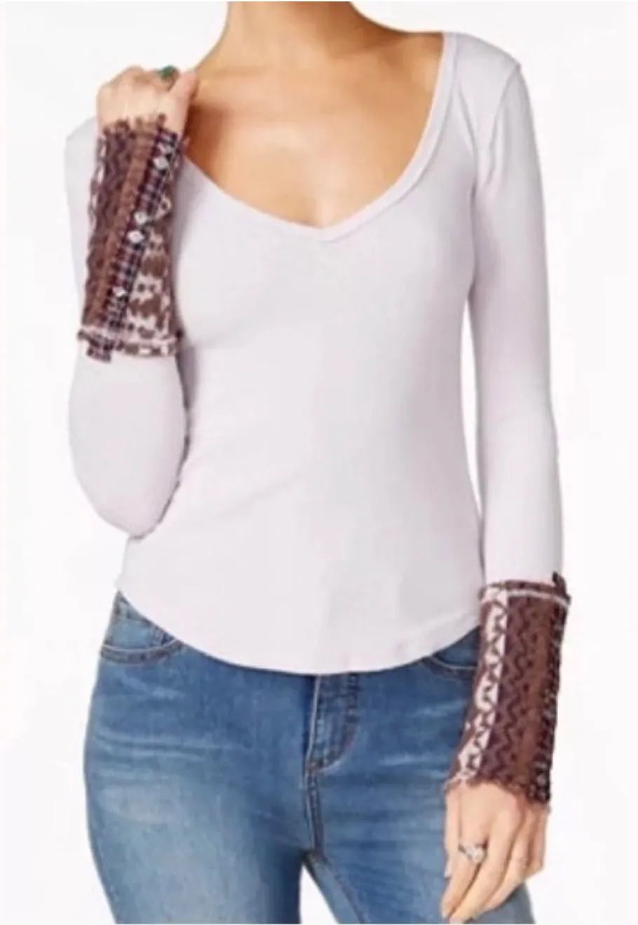 Free People Distressed Knit V Neck Long Sleeve Top Brown Lace Cuffs Size L - Image 1