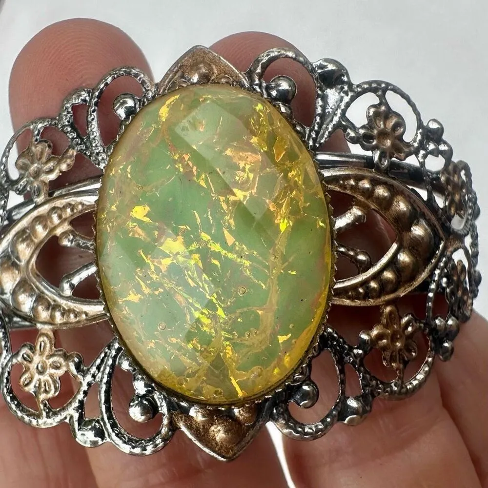 Silver tone yellow beaded filagree open cuff bracelet - Image 7