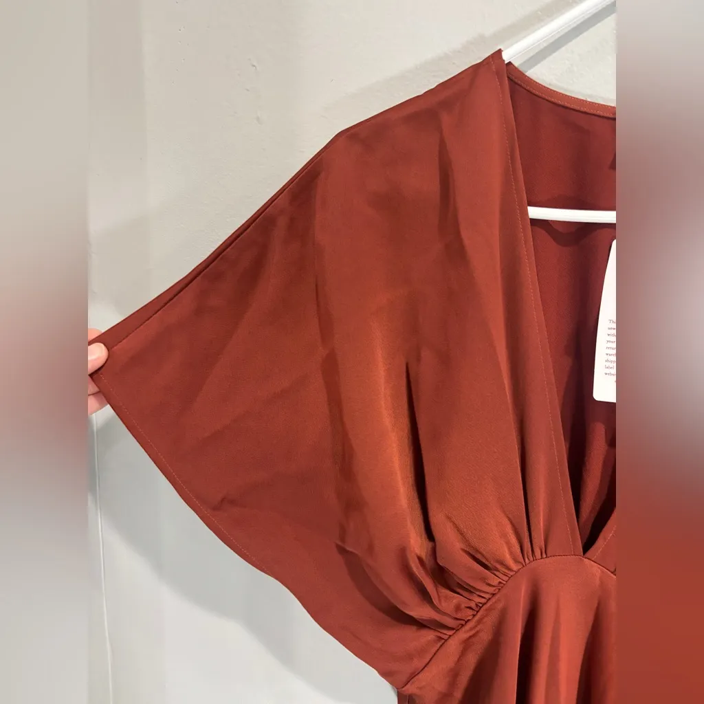 NWT Anthropologie BHLDN Women Leila Deep V Neck Flutter-Sleeve Satin Rust Gown 4 - Image 12