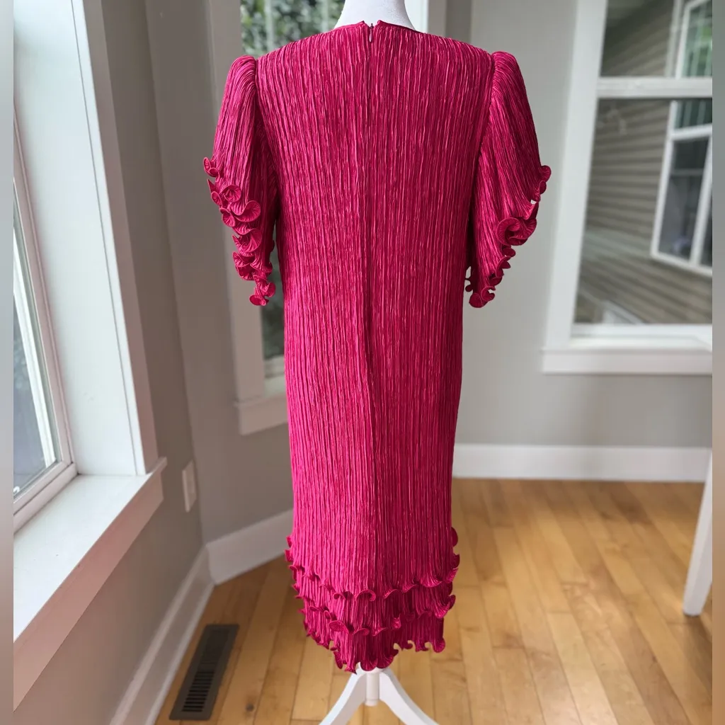Vintage 80s Aram Hot Pink Plisse V Neck Ruffle Sleeve Bottom Prom Formal Dress 4 - Image 15