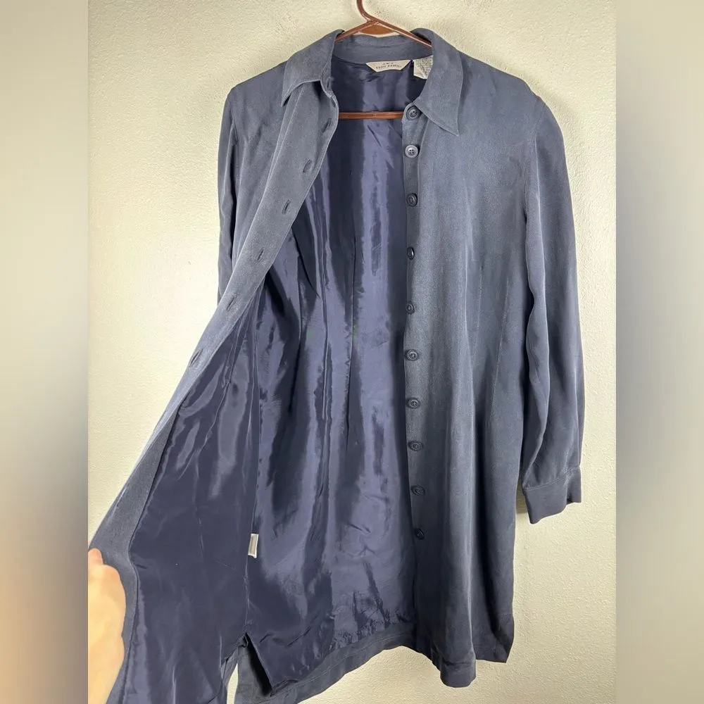 Vintage AKA Eddie Bauer 100% Silk 8 Navy Blue Long Sleeved Button Up Shirt Dress - Image 8