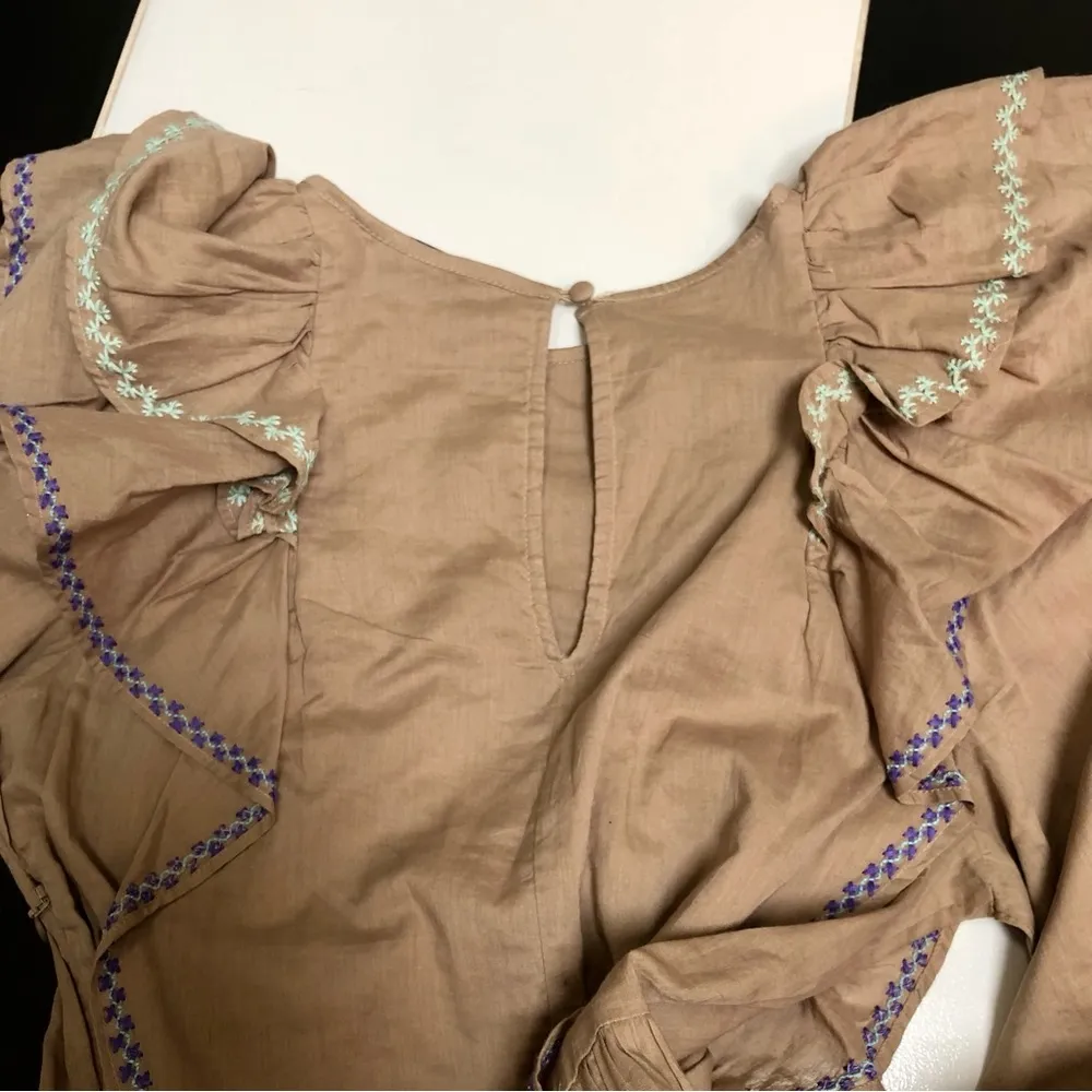 Something Navy Jolie Long Sleeve Ruffle Mini Dress Tiered Embroidered Tan Purple - Image 8