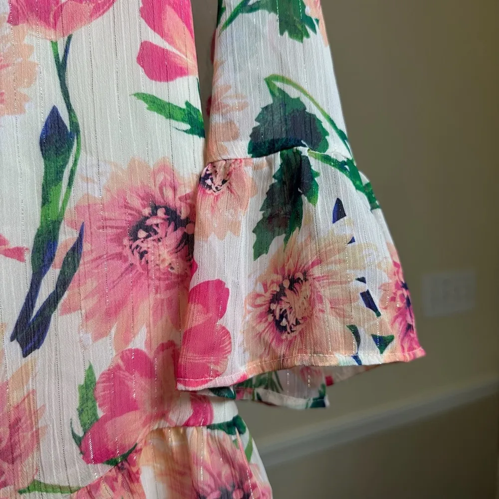 Romantic Floral Peplum Flowy Blouse 3/4 Sleeves Medium Pink Green Feminine Top - Image 11