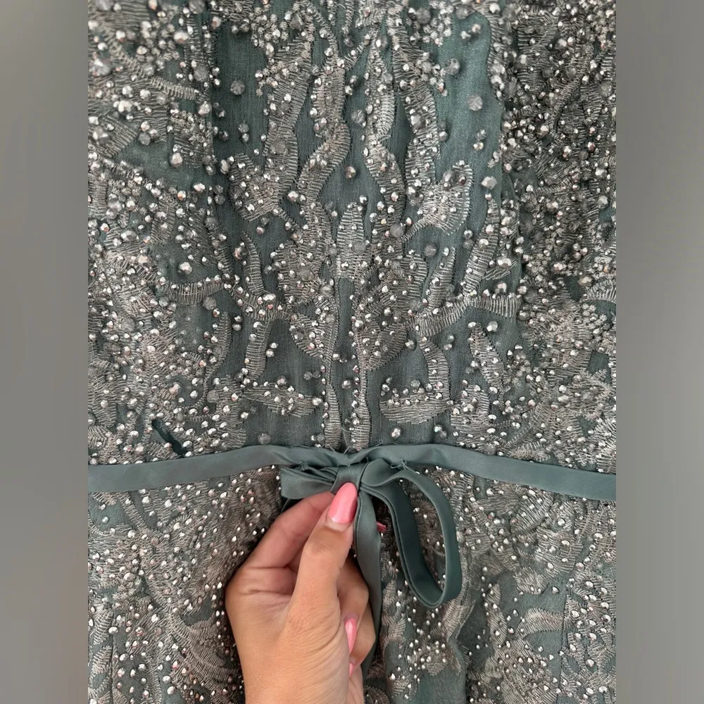 MAC DUGGAL Embellished Bow Belt Illusion Long Sleeve A Line Dress in Jade 12 - Image 14