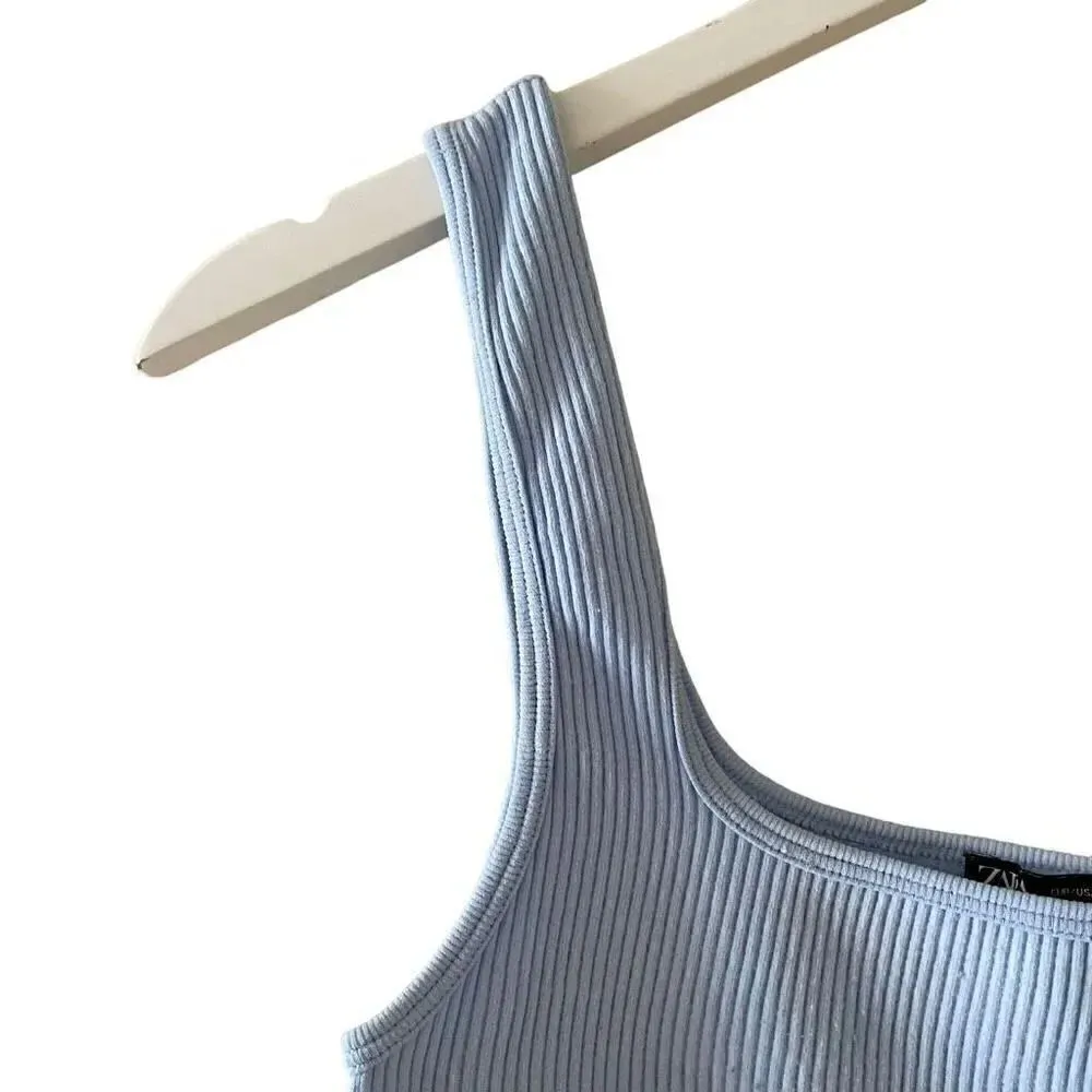 Zara Blue Ribbed Knit Seamless Crop Tank Top SZ M  #1710 - Image 4
