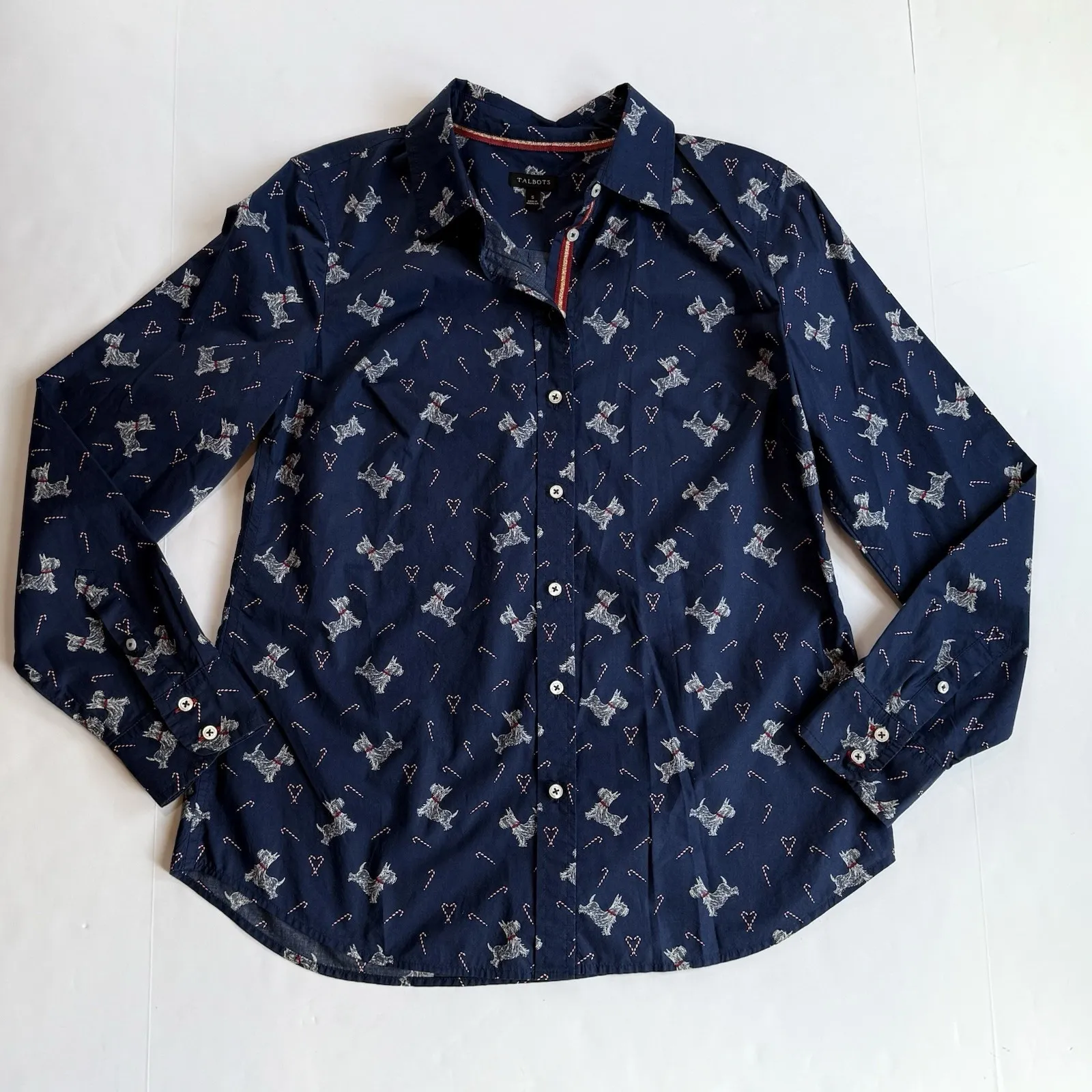 Talbots Oxford Top Women S 4 6 Long Sleeve Xmas Scottie Dog Candy Cane Print - Image 3