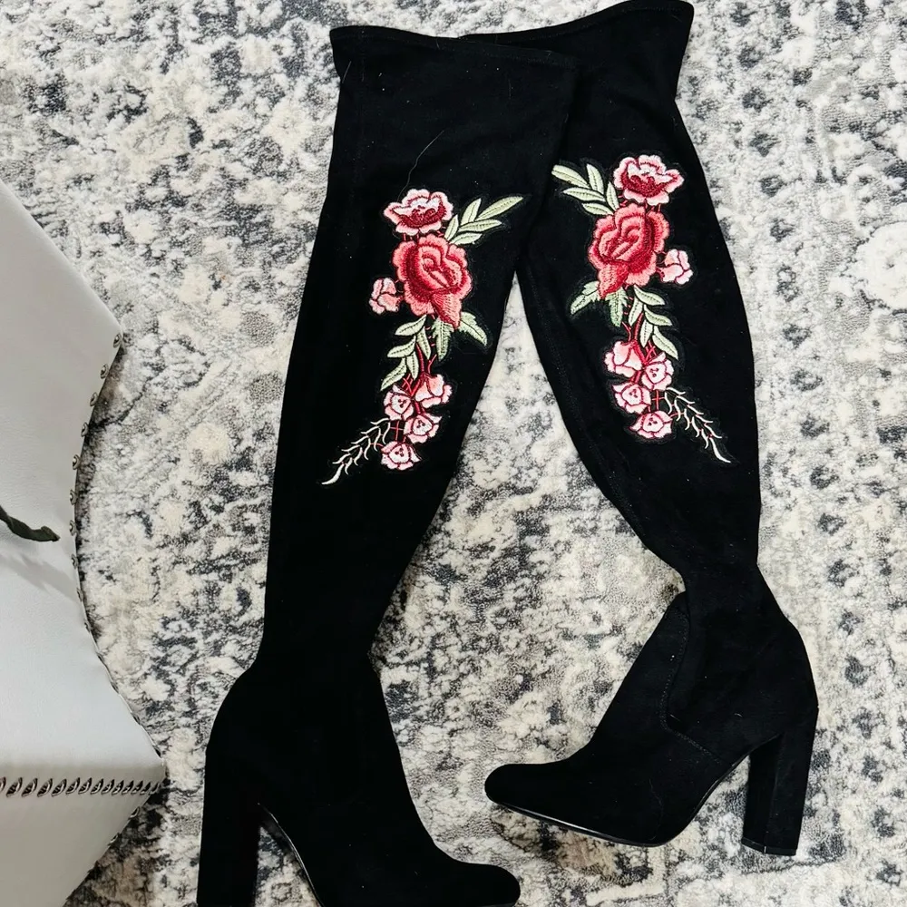 Black Rose Embroidered Over the Knee Faux Suede Boots - Image 8