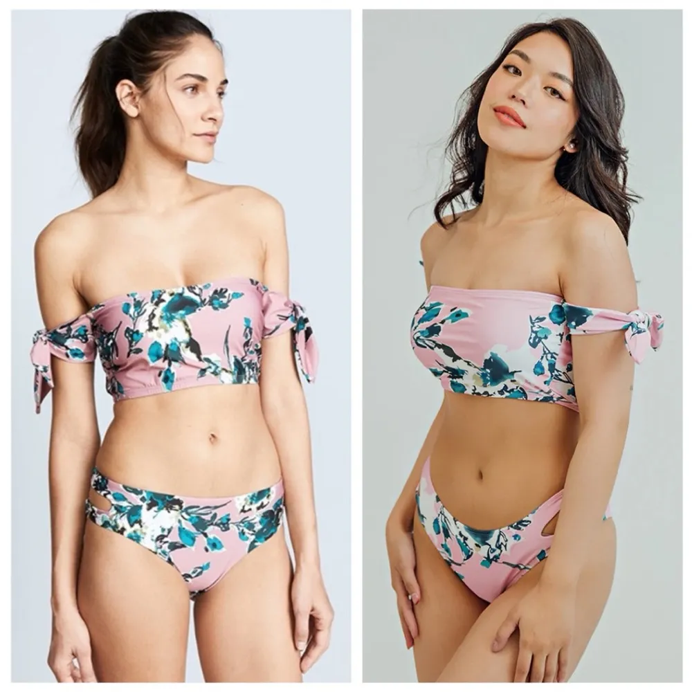 Splendid Watercolor Floral Off-Shoulder Bandeau Top Bikini Swim Set, Pink sz. XS - Image 13