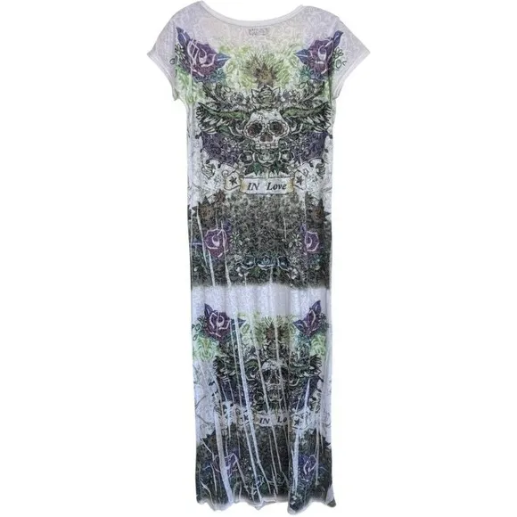Carling Women's Goth Skull Graphic Maxi T shirt Dress Semi Sheer Size Medium Y2K - Image 6