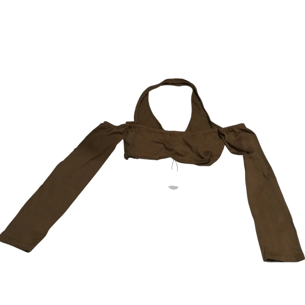 Pretty Little Thing Chocolate Halterneck Cold Shoulder Crop Top Size 2 - Image 2