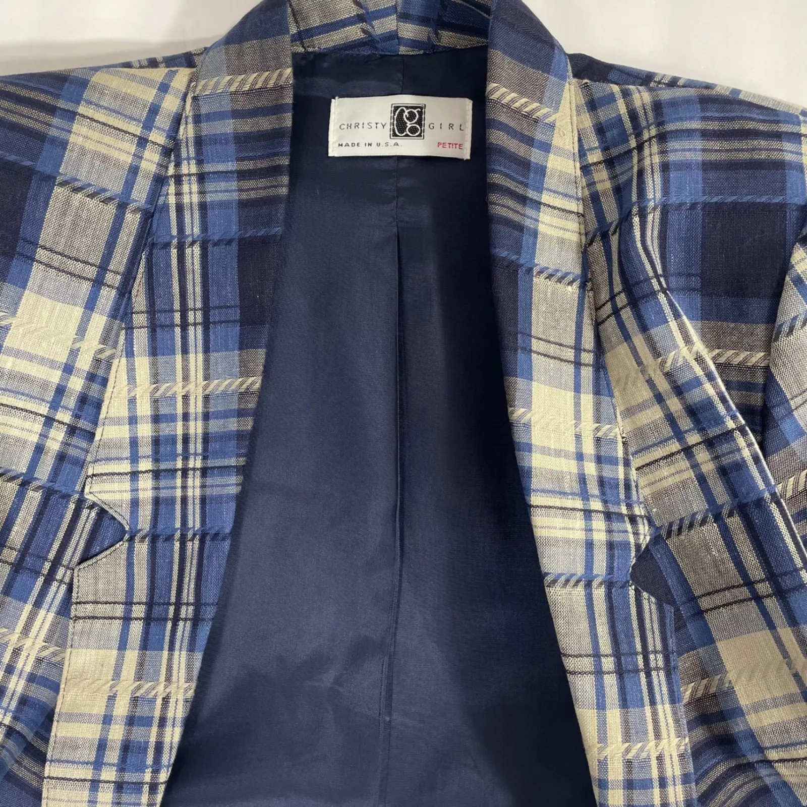 Vintage Christy‎ Girl Petite Blazer Plaid Linen Blend Blue Beige Single Button 4 Size 4P - Image 9