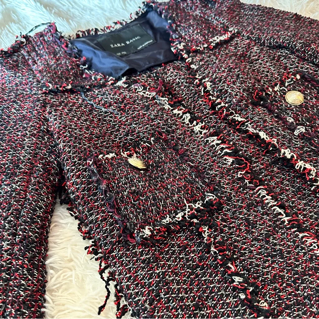 Zara Basic Tweed Longline Coat Jacket XS Black Red Fringe Bouclé - Image 12