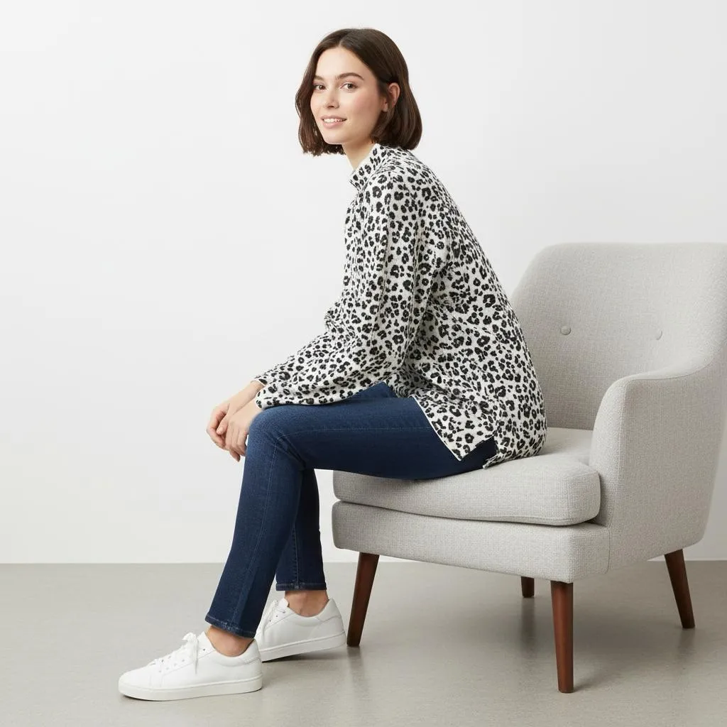 LOFT Leopard Print 100% Cotton Mock Neck Sweater Long sleeves Sz XL - Image 2