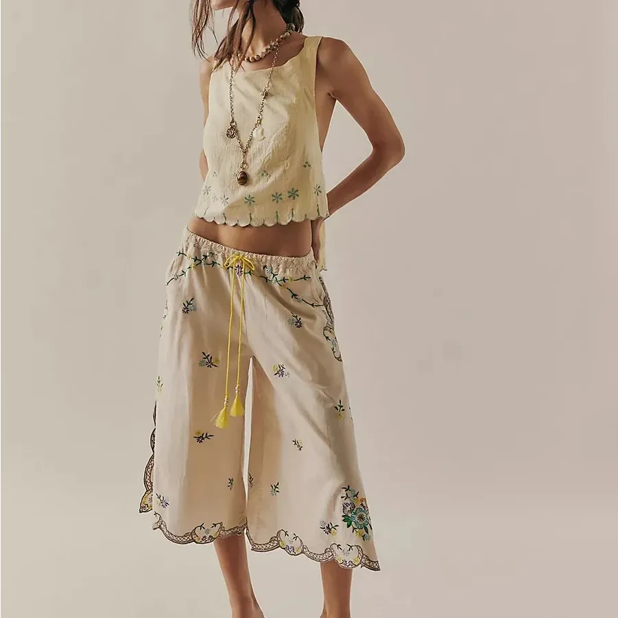 Free People Kayla Solid Embroidered Cropped Blouse Top - Double Butter - Image 5