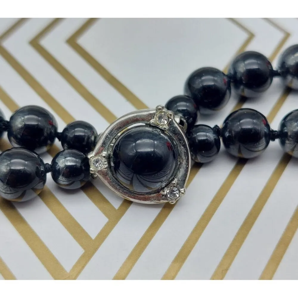 Vintage Black Glass Bead Double Strand Necklace Hidden Silver Tone Clasp 17 Inch - Image 7